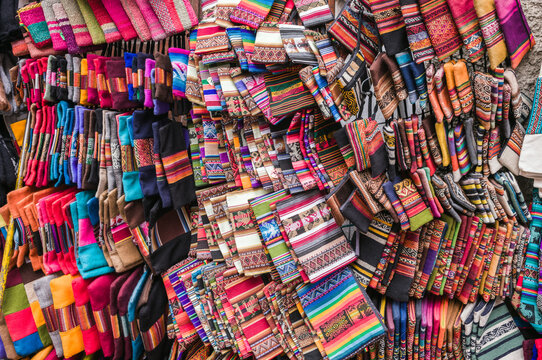 Colorful Andean textiles for sale in La Paz, Bolivia