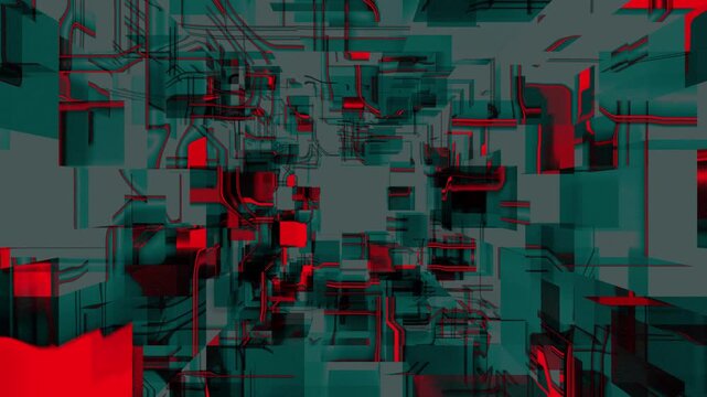 Data Pulse - teal panels with red circuit lines in bright industrial grid, seamless loop 4K abstract tech background