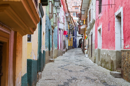 Colorful colonial street of Calle Jaen in La Paz, Bolivia