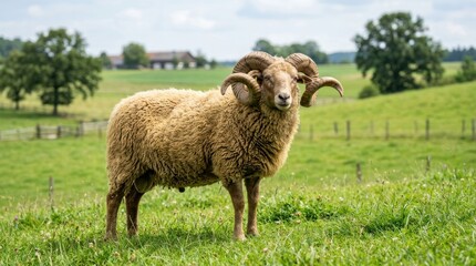 Naklejka premium Majestic Ram with Large Horns Standing in a Lush Green Pasture on a Cloudy Day.