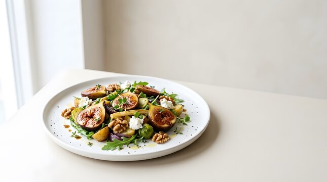A delicious gourmet salad with fresh figs and goat cheese on a white plate perfect for a healthy happy halloween dinner party