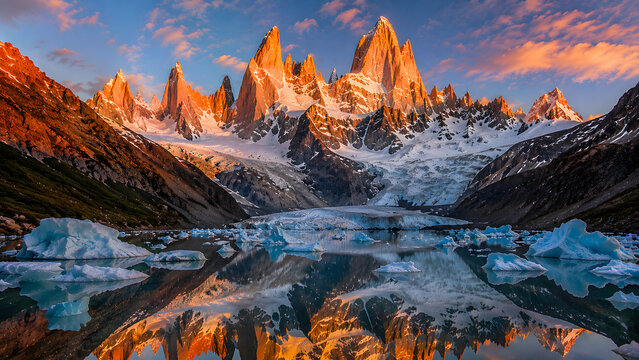 Mount Fitz Roy Alpenglow Reflection in Glacial Lake Patagonia