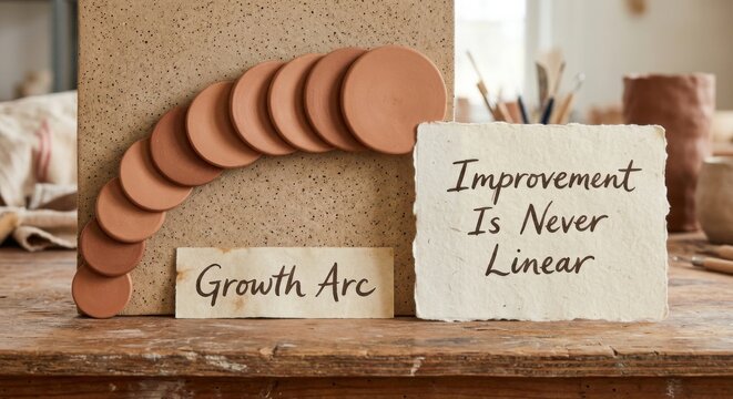 Terracotta Discs and Inspirational Quotes on Wooden Surface Representing Growth and Improvement