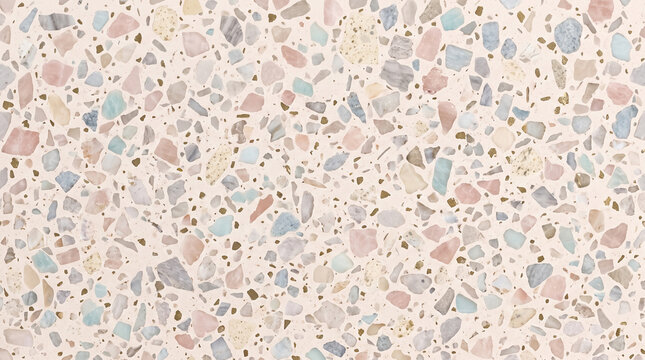 Close-up of pastel terrazzo stone texture background. Soft speckled aggregate surface for modern design and decor.