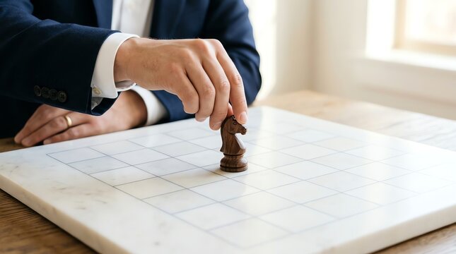Businessman making strategic move with knight piece on marble chessboard during game