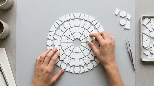 Top-down view of a person's hands meticulously assembling a beautiful white geometric mosaic pattern on a clean grey surface, showcasing a creative crafting project in progress