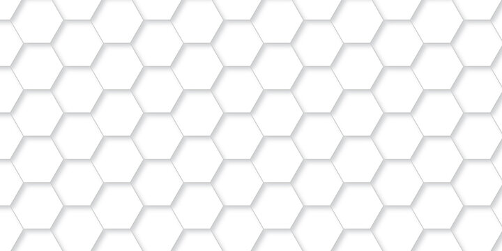 Abstract minimal white grid metal hexagon background. Embossed Hexagon, honeycomb white mosaic cell web light shadow texture wall decoration wallpaper design.	
