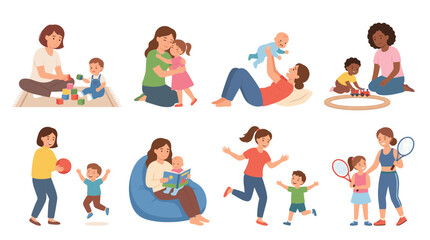 Fototapeta premium Collection of mothers and children engaged in various activities like playing and hugging