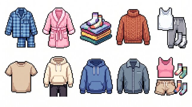 A charming winter clothing and apparel pixel art icon set featuring ten colorful clothing items arranged in two clean horizontal rows. The collection includes a blue checkered pajama or shirt set, a p