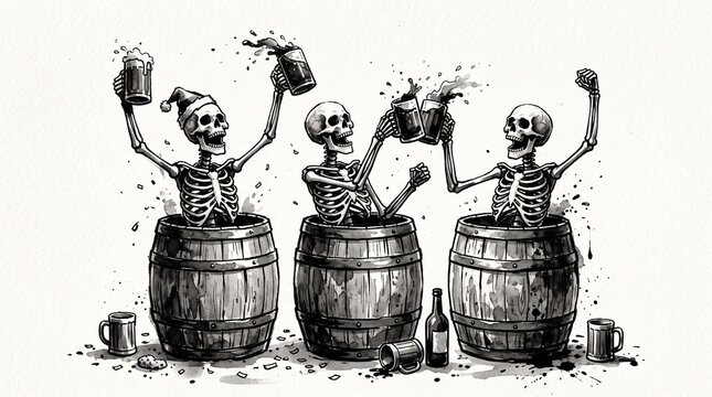 Skeleton Figures Cheering with Beer Barrels Holiday Celebration