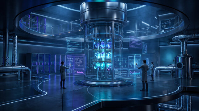 Quantum computing laboratory with scientists. Advanced research facility with digital data.