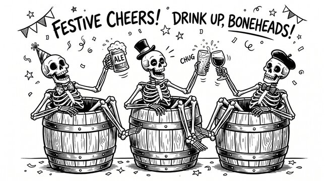 Skeletons Celebrating with Drinks in Festive Barrels