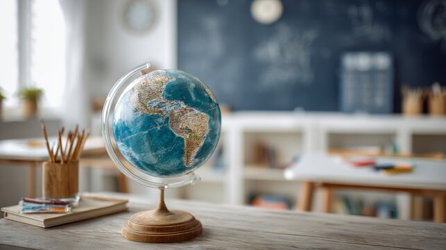 Globe on school desk in classroom with whiteboard background, planet earth education concept, geography learning, world map study, back to school theme, global knowledge and classroom interior design