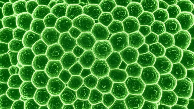 Vibrant green microscopic cells forming an intricate biological pattern.