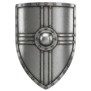 Old metal shield for medieval knight defense isolated on transparent background