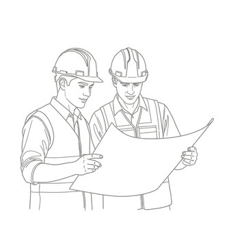 Line art illustration of two male engineers in hard hats and safety vests reviewing a construction blueprint.