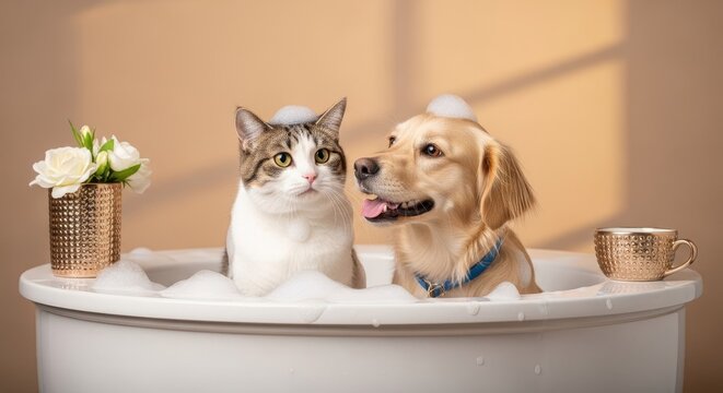 Cute cat and dog sitting in bubble bath.