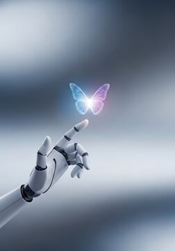 Cyborg hand reaching for glowing butterfly in space.