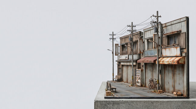 Miniature Abandoned Japanese Shopping Street Diorama, Lonely Local Economy Decline and Depopulation Concept