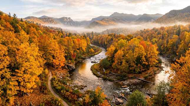 Winding river in autumn forest. Scenic landscape with colorful fall foliage and morning mist.