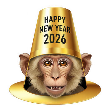 Funny monkey wearing a golden happy new year 2026 party hat isolated on transparent background