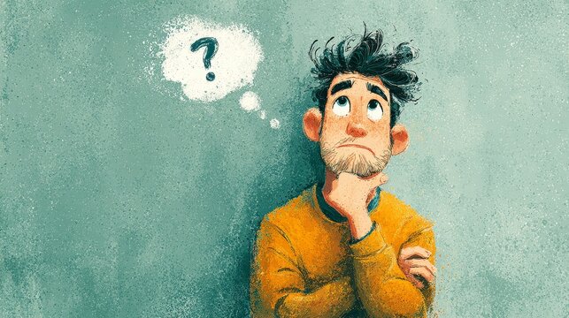 Stylized illustration of young man thinking with puzzled expression, hand near chin, vertical minimal teal-blue background, soft gradients and subtle texture, thought bubble with question mark icon