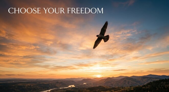 Majestic bird soaring through a vibrant sunset sky above rolling hills and a winding river