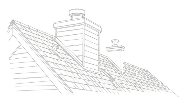 Minimalist line art sketch of a tiled house roof with dual chimneys on white background.