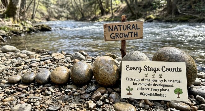 Natural Growth Sign Beside River Stones Encouraging Every Stage of the Journey