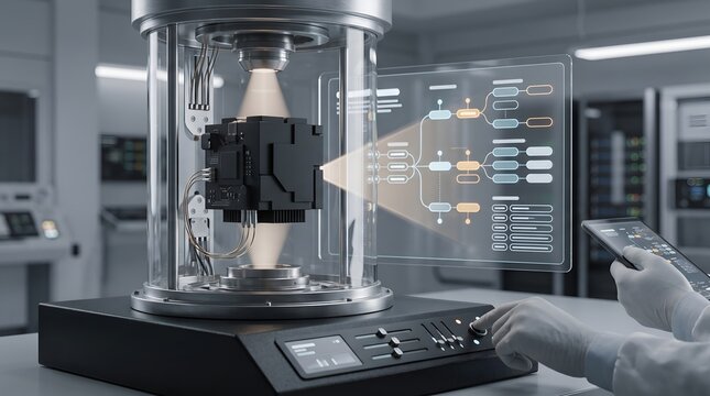 Next generation computing hardware concept showing a floating black processing core inside a secure glass containment unit
