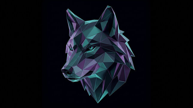 Low poly geometric wolf head portrait in cyan and purple neon colors isolated on black background