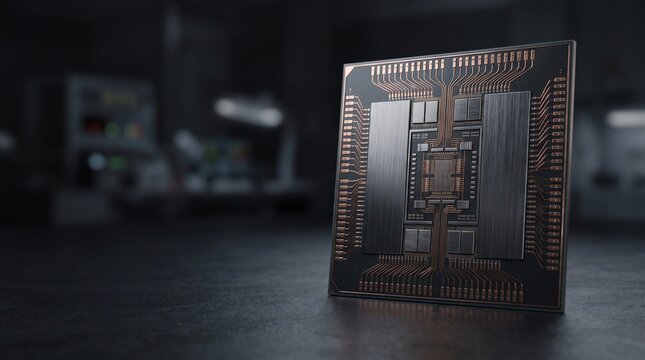 Modern central processing unit chip features intricate metallic copper circuitry patterns and brushed steel plates for high performance computing hardware