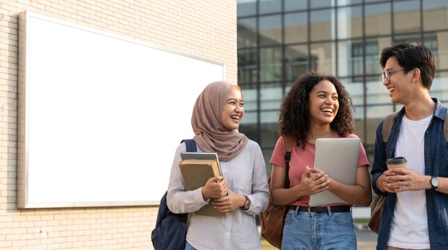 Diverse university students walking past blank billboard on campus
