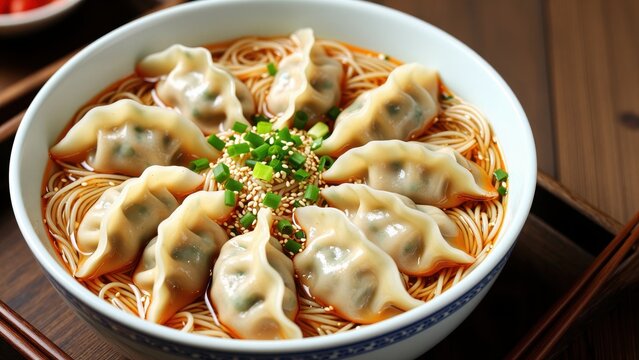 Bowl of Asian dumplings served on a bed of noodles with green onions and sesame seeds, traditional Chinese cuisine dish on a wooden table
