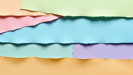 Fototapeta premium Colorful torn paper edges arranged in a layered composition with pastel shades including pink, blue, purple, green, and beige, creating a vibrant textured background