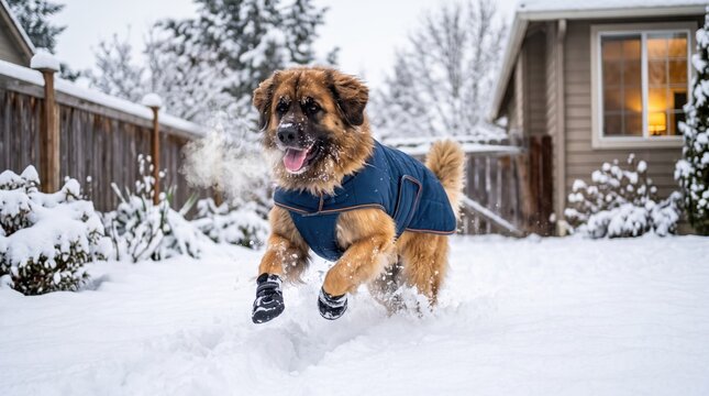 Cute dog wearing a blue coat and boots running in the snow in a backyard