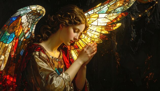 Ethereal Praying Angel with Vibrant Stained Glass Wings and Serene Expression on Dark Background with Ample Copy Space for Religious and Spiritual Designs