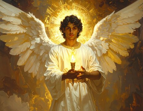 Divine Male Angel with White Feathered Wings and Glowing Torch in Golden Celestial Background with Copy Space