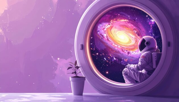 Astronaut in Spaceship Observing a Glowing Spiral Galaxy through a Round Window with Extensive Copy Space and Purple Background