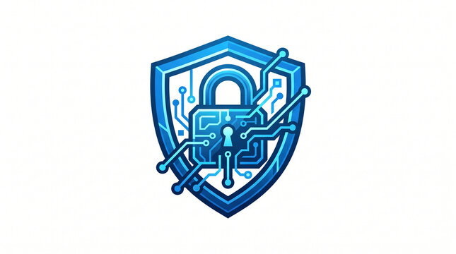 Digital security shield icon featuring integrated circuit board patterns and padlock symbol for cyber protection with interconnected glowing electronic