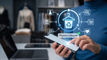 Fototapeta premium Fashion Merchandise Planner Managing AI Product Lifecycle Analytics in Modern Fashion Showroom Background