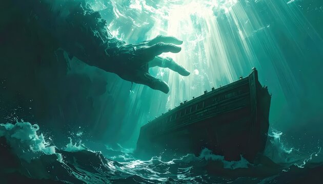 Fantasy illustration of a massive mystical hand reaching towards an ancient wooden ship in a stormy sea with cinematic light rays and copy space