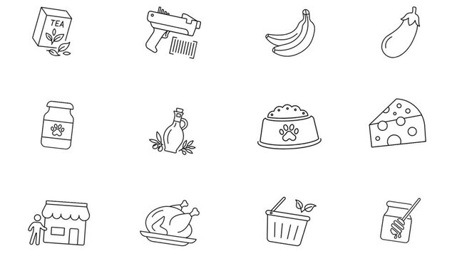Grocery Line Icons Set - Minimalist Black and White Line Art Animation of Supermarket Items