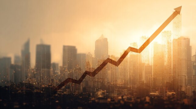 Financial growth concept with rising stock market chart overlay on modern city skyline, economic success, investment, business expansion, market trends, financial performance, revenue growth and corpo