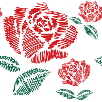 Scribble Red Rose Floral Vector Seamless Pattern
