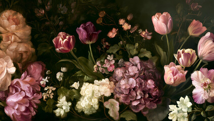 Fototapeta premium A timeless oil painting featuring hydrangeas, tulips, and peonies set against a moody dark floral backdrop – perfect for holiday greetings and packaging