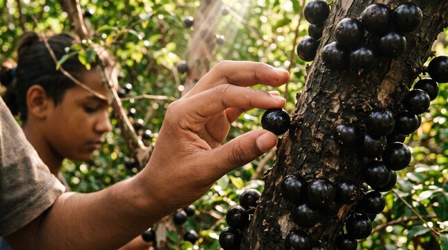 Close-up of hands gently picking ripe black jabuticaba berries from a tree trunk, showcasing fresh Brazilian fruit harvesting, texture, and natural sunlight.