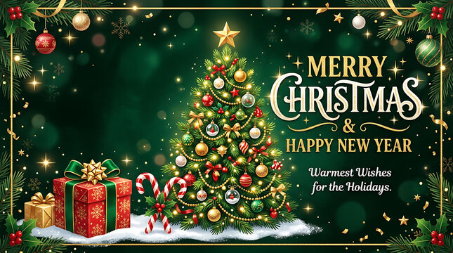 Colorful christmas tree with presents under twinkling lights
