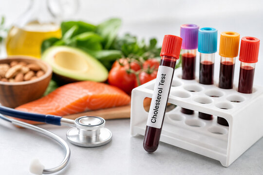 Blood test tubes for cholesterol level check with medical stethoscope and healthy organic food ingredients on table. Concept for healthcare, wellness, and heart diet.