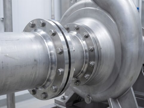 Heavy duty stainless steel pipe flange bolted to industrial pump